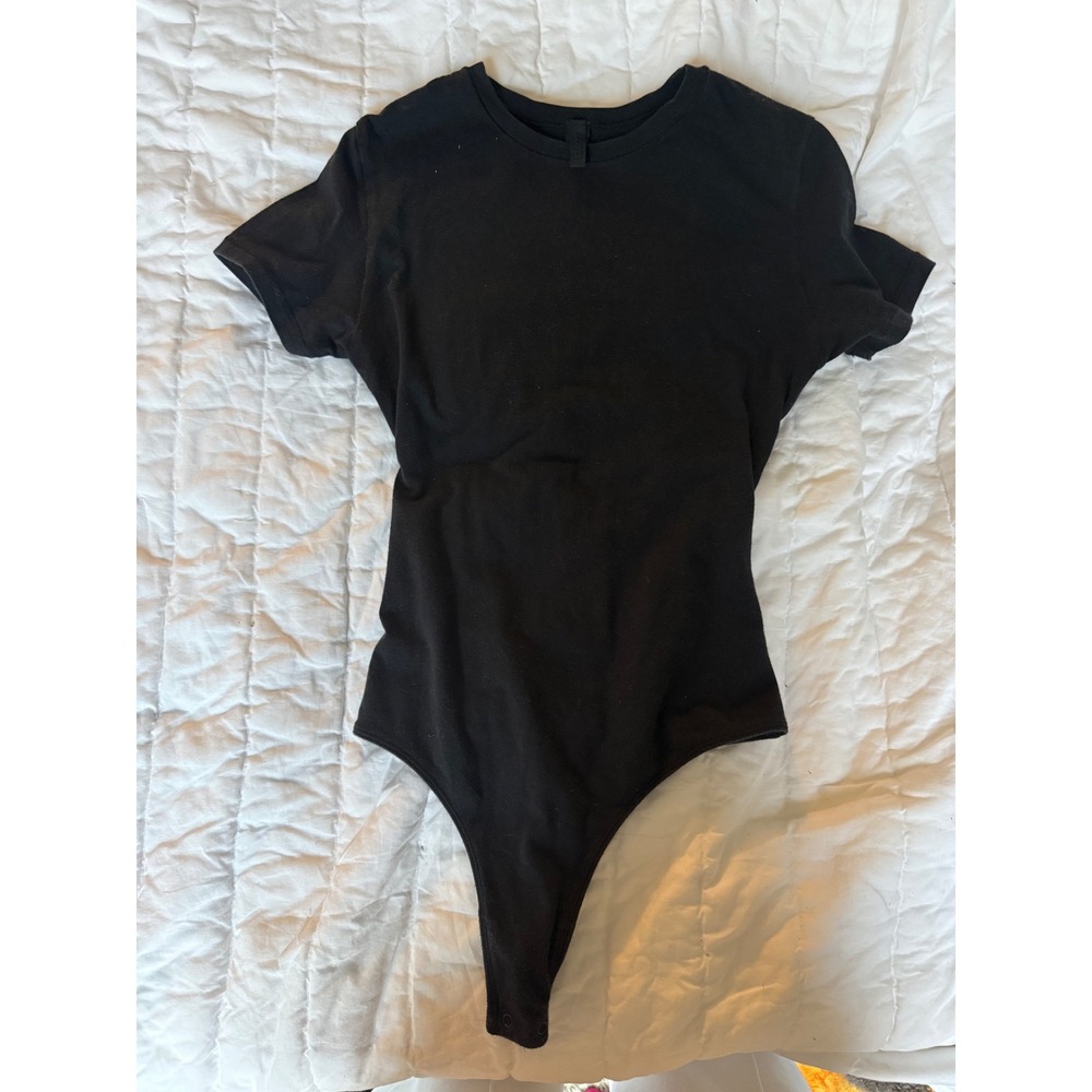 Skims Cotton Jersey T-Shirt Bodysuit Soot Black Crew Neck Short Sleeve XS